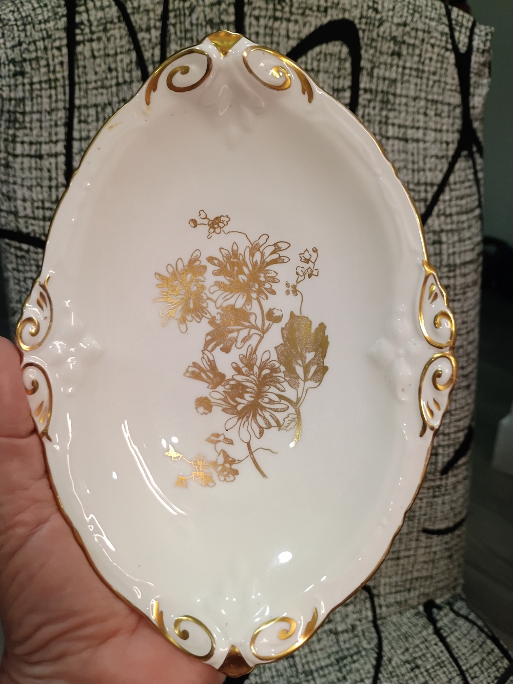 White Porcelain Dish with Gold Floral Accent